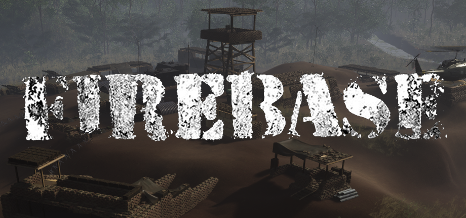 Firebase title over an in-engine view of Firebase Hammer, with sandbag defenses, a watchtower, and a helicopter